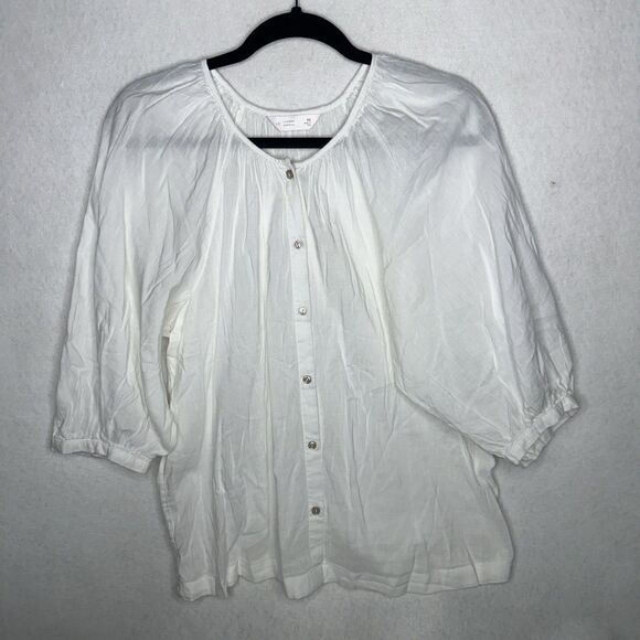 Lauren Conrad LC White Button up Puff Sleeve Top Round Neck Size XS Classic - Picture 1 of 8